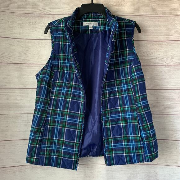 Croft & Borrow Navy Blue and Green Plaid Quilted Vest Full Zip Size L - Picture 2 of 16